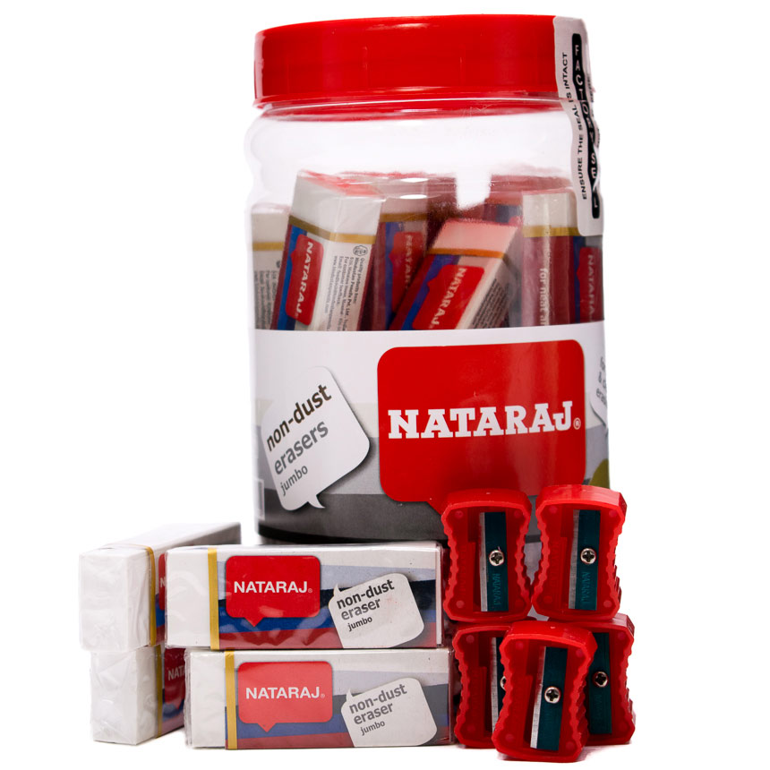 Borrador Blanco JUMBO Nataraj Frasco de 30PCS + 5 tajadores