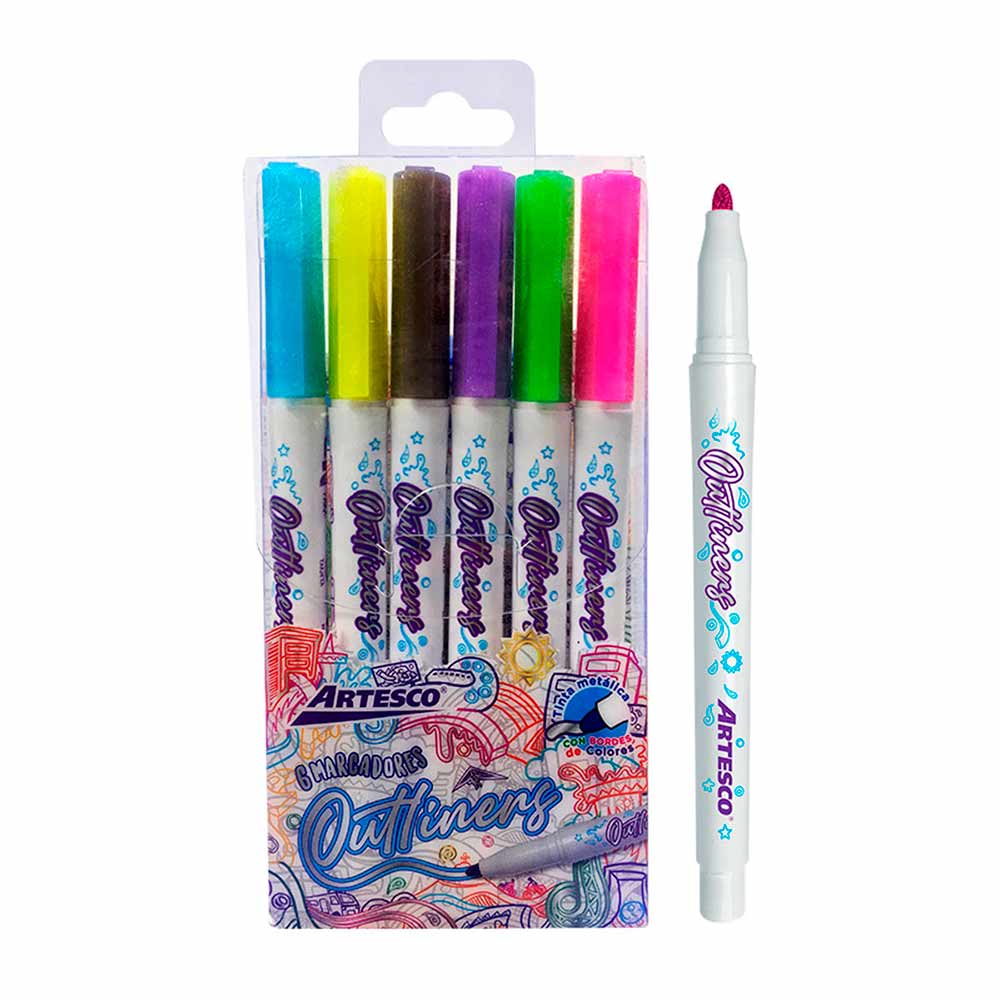 Marcador Outliners Artesco, gris metálico con efecto de bordes de colores 6 colores