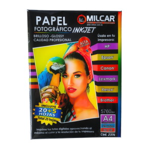 Papel Fotografico Brilloso Inkjet MILCAR  20hojas  + 5